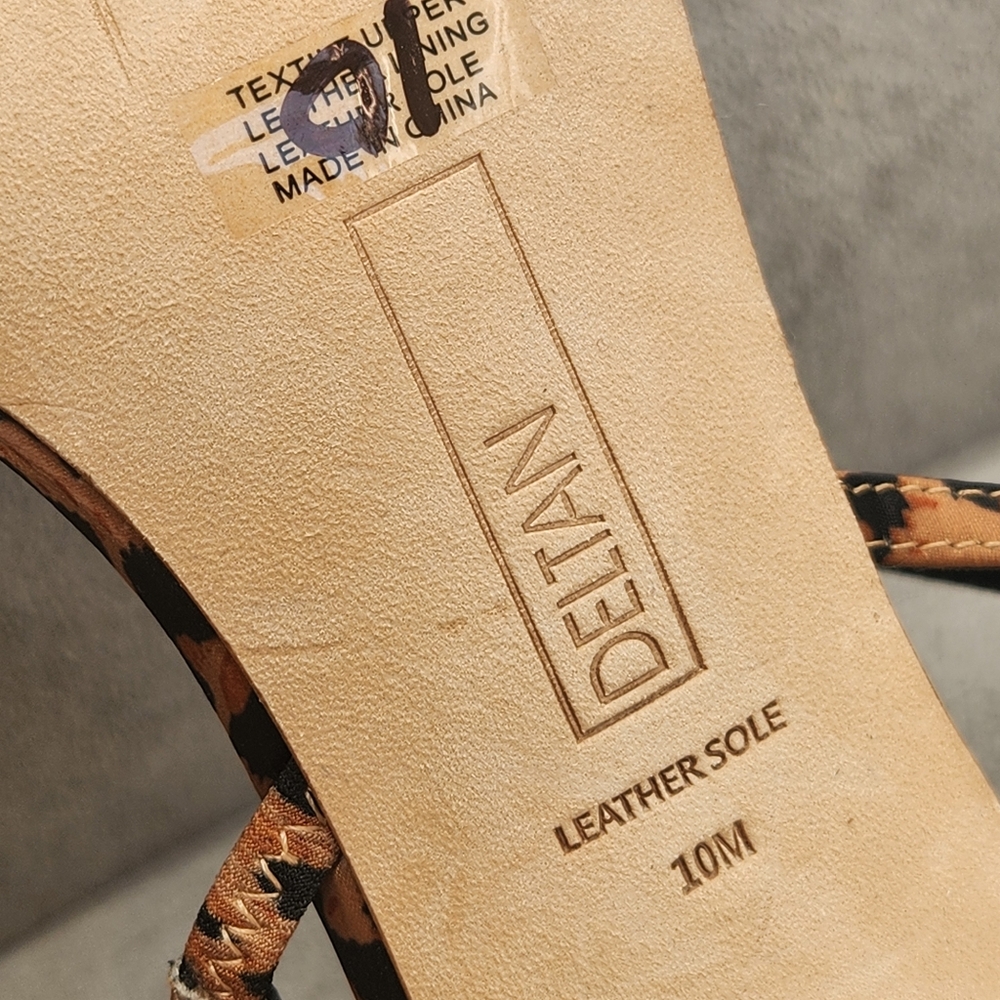 Deltan Dressy Sandals 10 Brown Satin Amayah Leopard Print Black Rosette New $110 - Picture 15 of 15